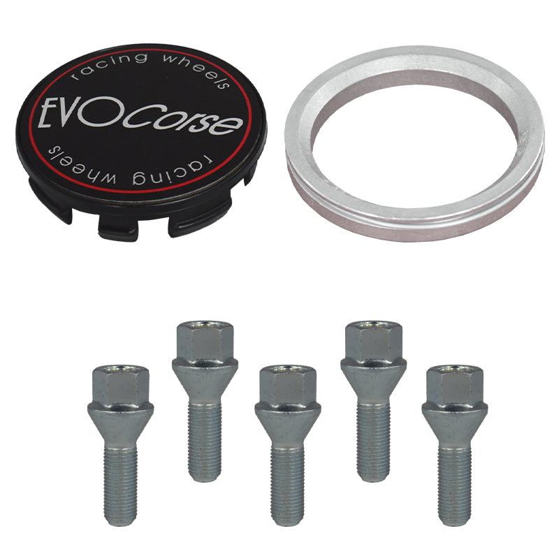 Evocorse - Fixing kit: 1 hubcap (C10), 1 Evocorse matt black badge (L11), 5 lug bolts M14x1.50 (028), 1 aluminum hub centric ring 75/65.1