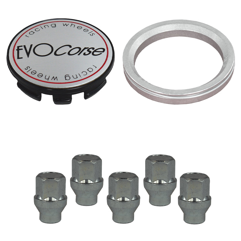 Evocorse - Fixing kit: 1 hubcap (C10), 1 Evocorse brushed badge (L10), 5 closed lug nuts with shank M12x1.25 (047), 1 aluminum hub centric ring 75/60.1