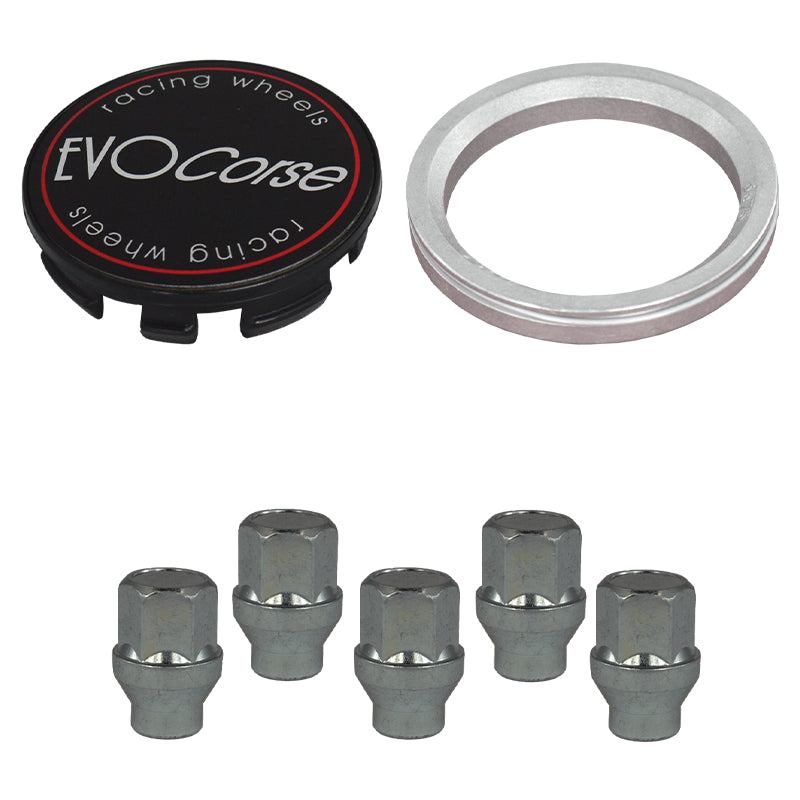 Evocorse - Fixing kit: 1 hubcap (C10), 1 Evocorse matt black badge (L11), 5 closed lug nuts with shank M12x1.25 (047), 1 aluminum hub centric ring 75/60.1