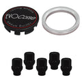 Evocorse - Fixing kit: 1 hubcap (C10), 1 Evocorse matt black badge (L11), 5 black closed lug nuts with shank M12x1.25 (047-ZN), 1 aluminum hub centric ring 75/60.1