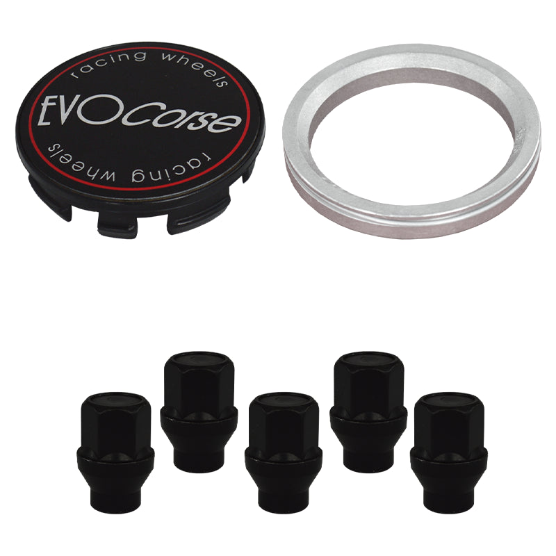 Evocorse - Fixing kit: 1 hubcap (C10), 1 Evocorse matt black badge (L11), 5 black closed lug nuts with shank M12x1.25 (047-ZN), 1 aluminum hub centric ring 75/60.1