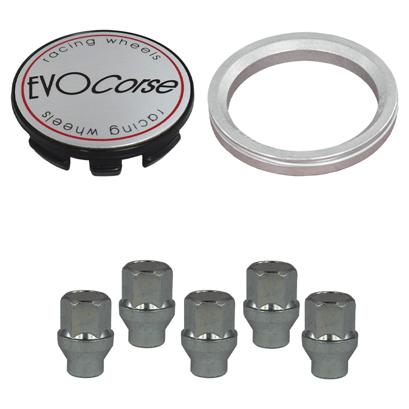 Evocorse - Fixing kit: 1 hubcap (C10), 1 Evocorse brushed badge (L10), 5 closed lug nuts with shank M12x1.25 (047), 1 aluminum hub centric ring 67.1/60.1