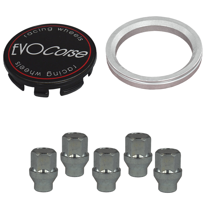 Evocorse - Fixing kit: 1 hubcap (C10), 1 Evocorse matt black badge (L11), 5 closed lug nuts with shank M12x1.25 (047), 1 aluminum hub centric ring 67.1/60.1