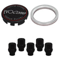 Evocorse - Fixing kit: 1 hubcap (C10), 1 Evocorse matt black badge (L11), 5 black closed lug nuts with shank M12x1.25 (047-ZN), 1 aluminum hub centric ring 67.1/60.1