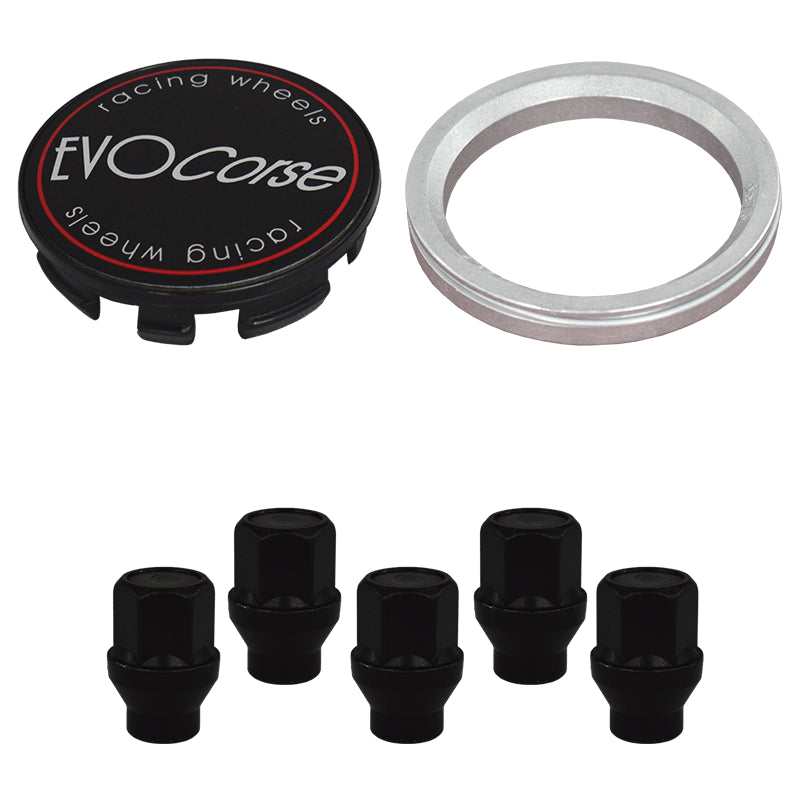 Evocorse - Fixing kit: 1 hubcap (C10), 1 Evocorse matt black badge (L11), 5 black closed lug nuts with shank M12x1.25 (047-ZN), 1 aluminum hub centric ring 67.1/60.1