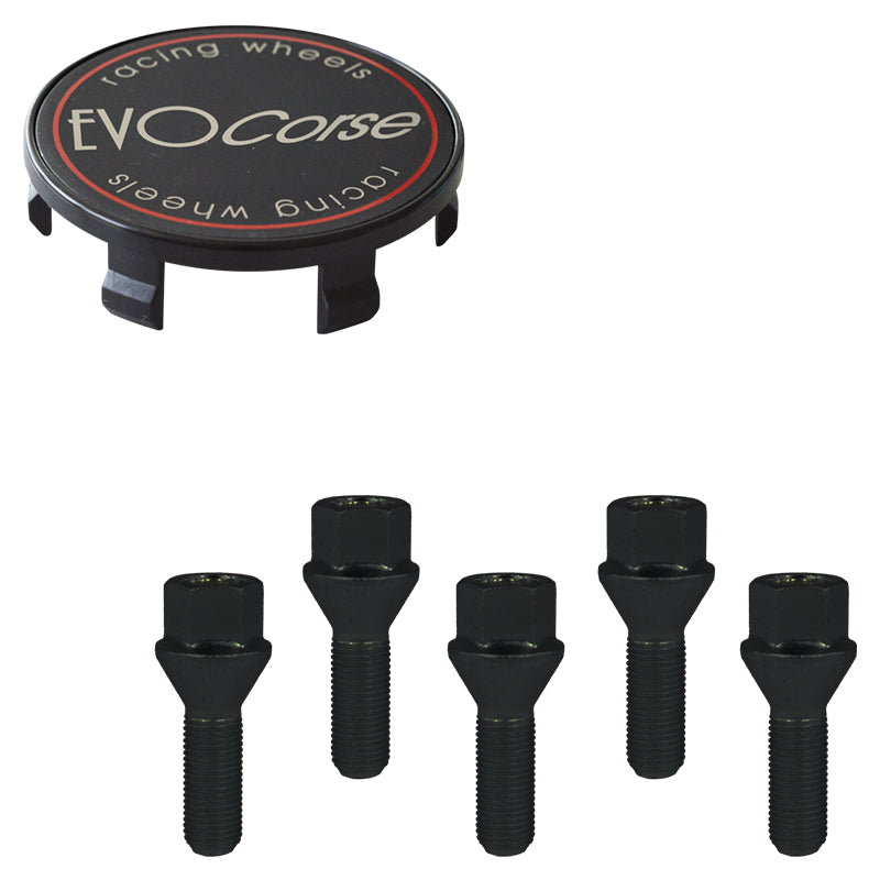 Evocorse - Fixing kit: 1 off-road hubcap (C20), 1 Evocorse matt black badge (L11), 5 black lug bolts M14x1.50 (028)