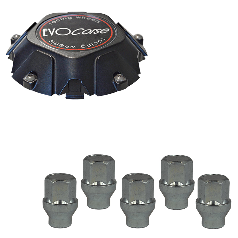 Evocorse - Fixing kit: 1 Dakar hubcap 5x150 (C40), 1 Evocorse black badge (L32), 5 closed lug nuts with shank M14x1.50 (D42)