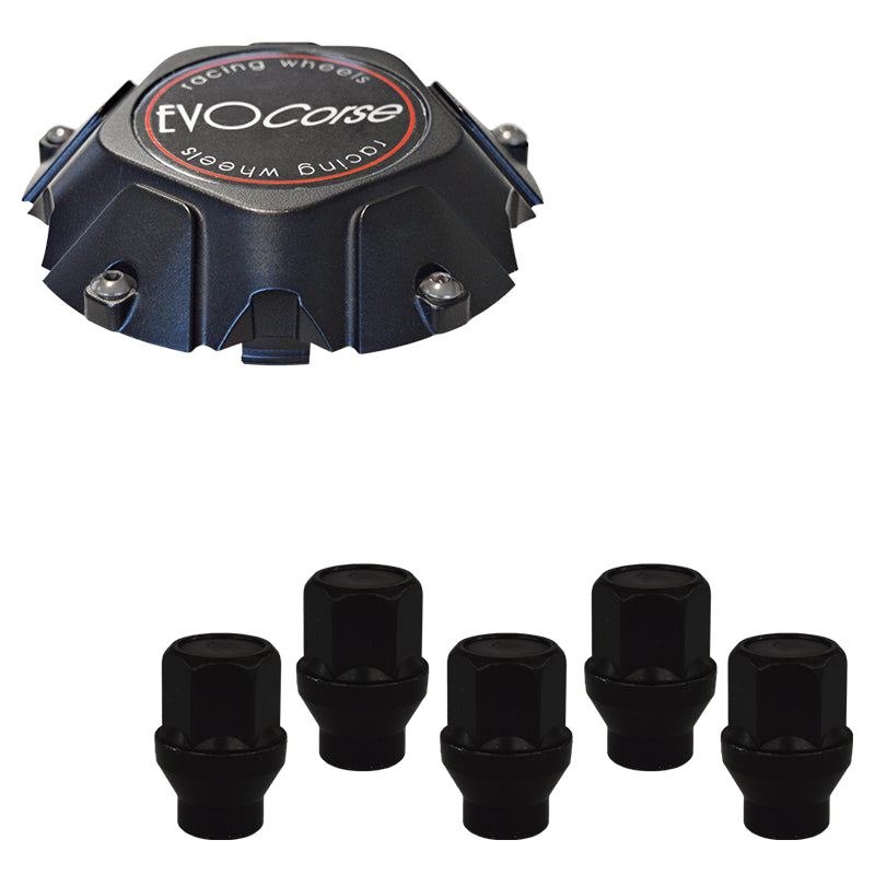 Evocorse - Fixing kit: 1 Dakar hubcap 5x150 (C40), 1 Evocorse black badge (L32), 5 black closed lug nuts with shank M14x1.50 (D42-ZN)