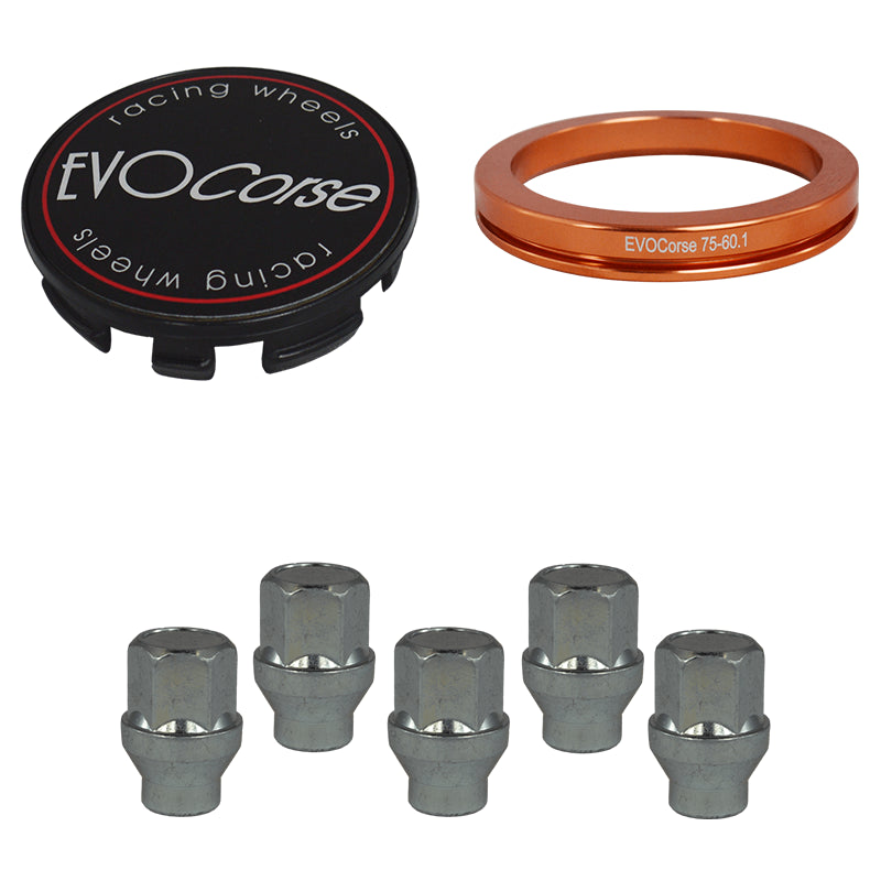 Evocorse - Fixing kit: 1 hubcap (C10), 1 Evocorse matt black badge (L11), 5 closed lug nuts with shank M12x1.50 (046), Hub centric spigot ring in aluminum 75/60.1 mm