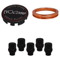 Evocorse - Fixing kit: 1 hubcap (C10), 1 Evocorse matt black badge (L11), 5 black closed lug nuts with shank M12x1.50 (046-ZN), Hub centric spigot ring in aluminum 75/60.1 mm