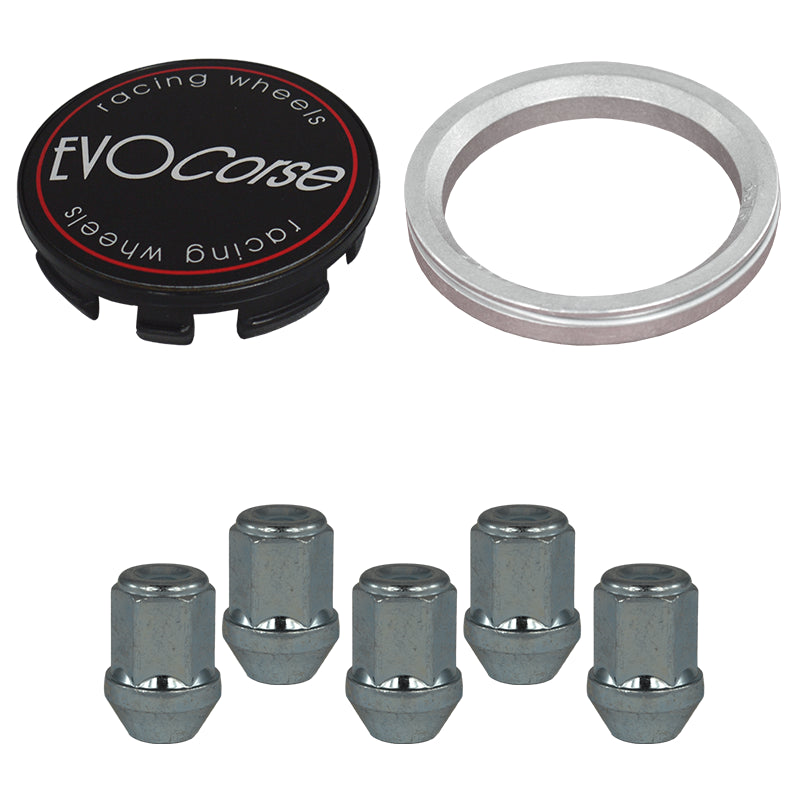 Evocorse - Fixing kit: 1 hubcap (C10), 1 Evocorse matt black badge (L11), 5 closed lug nuts M12x1.5 (046), 1 aluminum hub centric ring 67.1/60.1