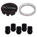 Evocorse - Fixing kit: 1 hubcap (C10), 1 Evocorse matt black badge (L11), 5 black closed lug nuts M12x1.5 (046-ZN), 1 aluminum hub centric ring 67.1/60.1
