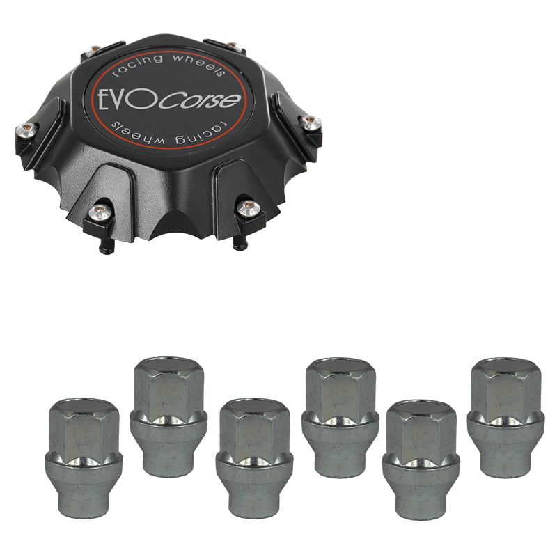 Evocorse - Fixing kit: 1 Cap Dakar 6x139,7 (C70), 1 Evocorse matt black badge (L32), 6 closed lug nuts with shank M12x1.50 (046)