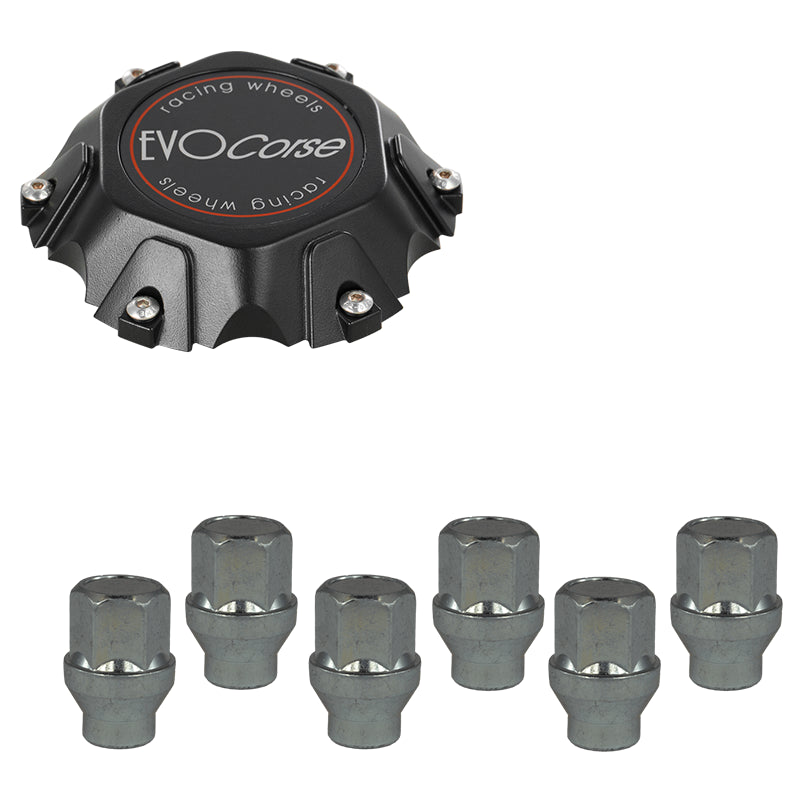 Evocorse - Fixing kit: 1 Cap Dakar 6x139,7 (C80), 1 Evocorse matt black badge (L32), 6 closed lug nuts with shank M12x1.25 (D41)