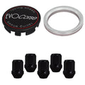 Evocorse - Fixing kit: 1 hubcap (C10), 1 Evocorse matt black badge (L11), 5 closed black lug nuts M12x1.5 (40), 1 aluminum hub centric ring 75/67.1