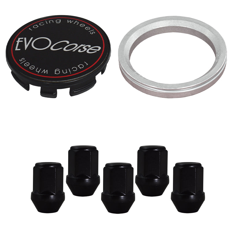 Evocorse - Fixing kit: 1 hubcap (C10), 1 Evocorse matt black badge (L11), 5 closed black lug nuts M12x1.5 (40), 1 aluminum hub centric ring 75/67.1