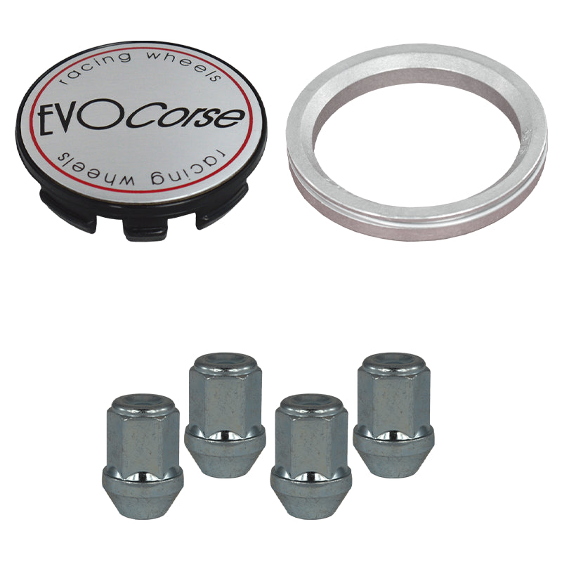 Evocorse - Fixing kit: 1 hubcap (C10), 1 Evocorse brushed badge (L10), 4 lug nut M12x1.5 (zinc. White)(D6), 1 aluminium hub centric ring 65.1/63.4