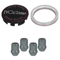 Evocorse - Fixing kit: 1 hubcap (C10), 1 Evocorse matt black badge (L11), 4 lug nut M12x1.5 (zinc. White)(D6), 1 aluminium hub centric ring 65.1/63.4