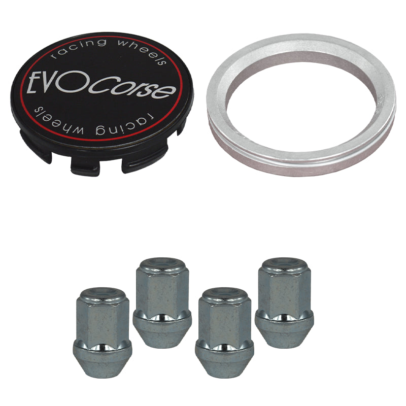 Evocorse - Fixing kit: 1 hubcap (C10), 1 Evocorse matt black badge (L11), 4 lug nut M12x1.5 (zinc. White)(D6), 1 aluminium hub centric ring 65.1/63.4