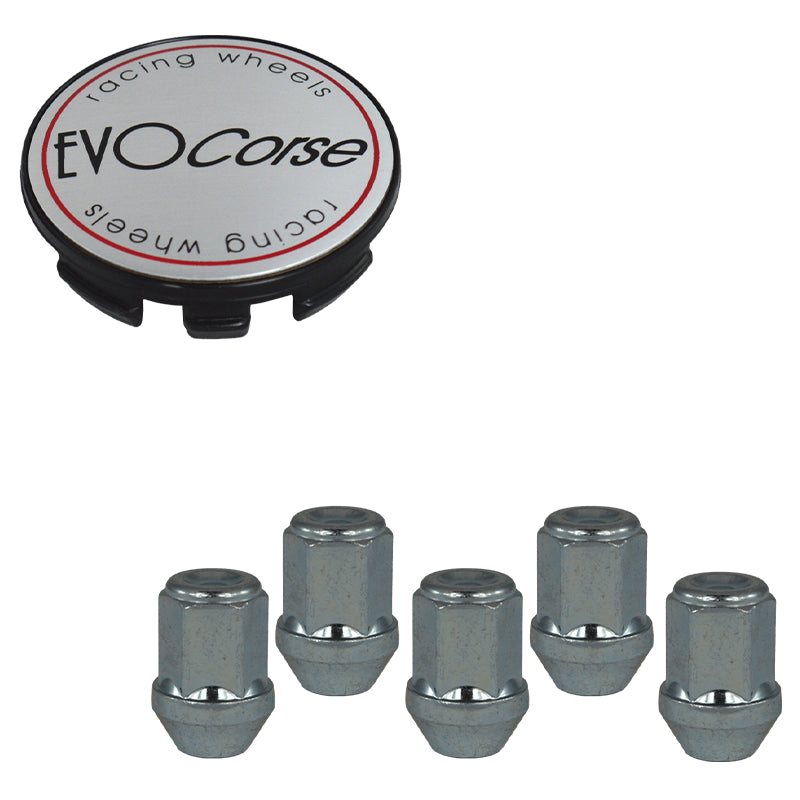 Evocorse - Fixing kit: 1 hubcap (C10), 1 Evocorse brushed badge (L10), 5 lug nuts M14x1.5 (zinc. white)(D5)