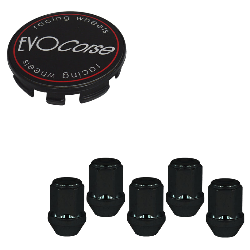 Evocorse - Fixing kit: 1 hubcap (C10), 1 Evocorse matt black badge (L11), 5 black lug nuts M14x1.5 (zinc. white)(D5)