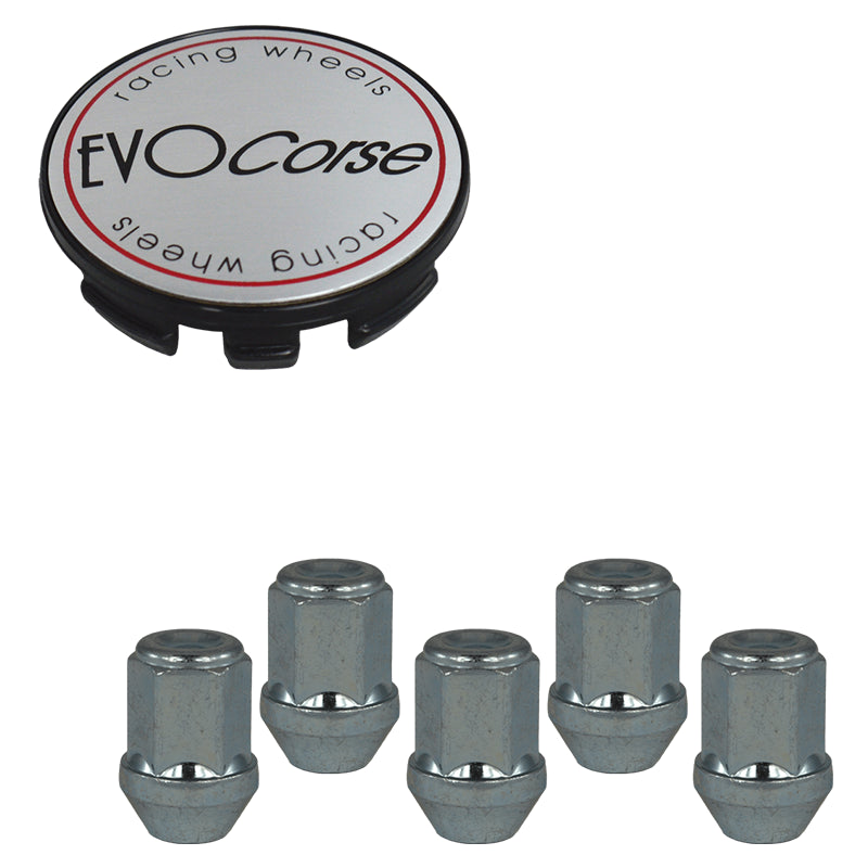 Evocorse - Fixing kit: 1 hubcap (C10), 1 Evocorse brushed badge (L10), 5 lug nuts M14x1.5 (zinc. white)(D17)