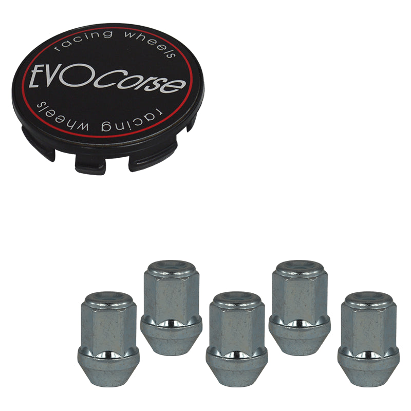 Evocorse - Fixing kit: 1 hubcap (C10), 1 Evocorse matt black badge (L11), 5 lug nut M14x1.5 (zinc. white)(D17)