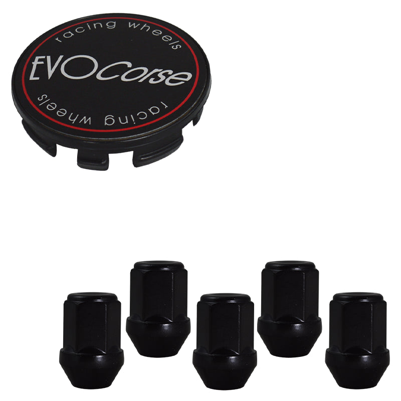 Evocorse - Fixing kit: 1 hubcap (C10), 1 Evocorse matt black badge (L11), 5 lug nut M14x1.5 (zinc. black)(D17-ZN)