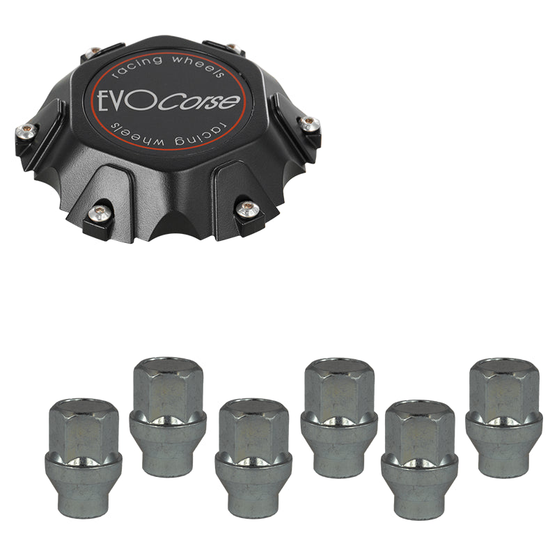 Evocorse - Fixing kit: 1 Cap Dakar 6x139,7 (C80), 1 Evocorse matt black badge (L32), 6 closed lug nuts with shank M12x1.50 (D40)