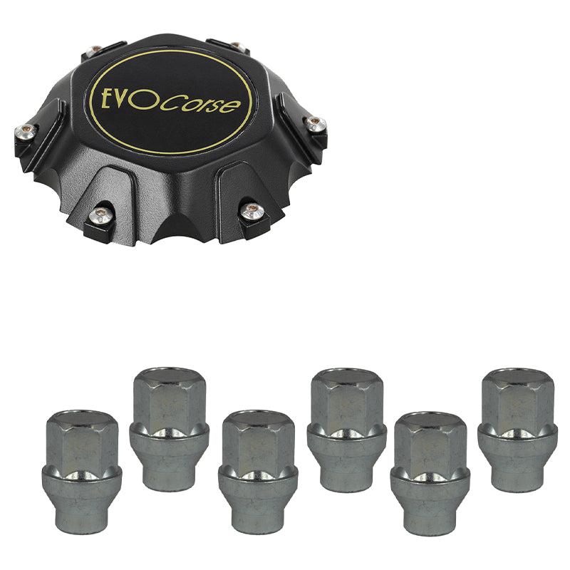 Evocorse - Fixing kit: 1 Cap Dakar 6x139,7 (C80), 1 Evocorse matt black and gold badge (L30), 6 closed lug nuts with shank M12x1.50 (D40)