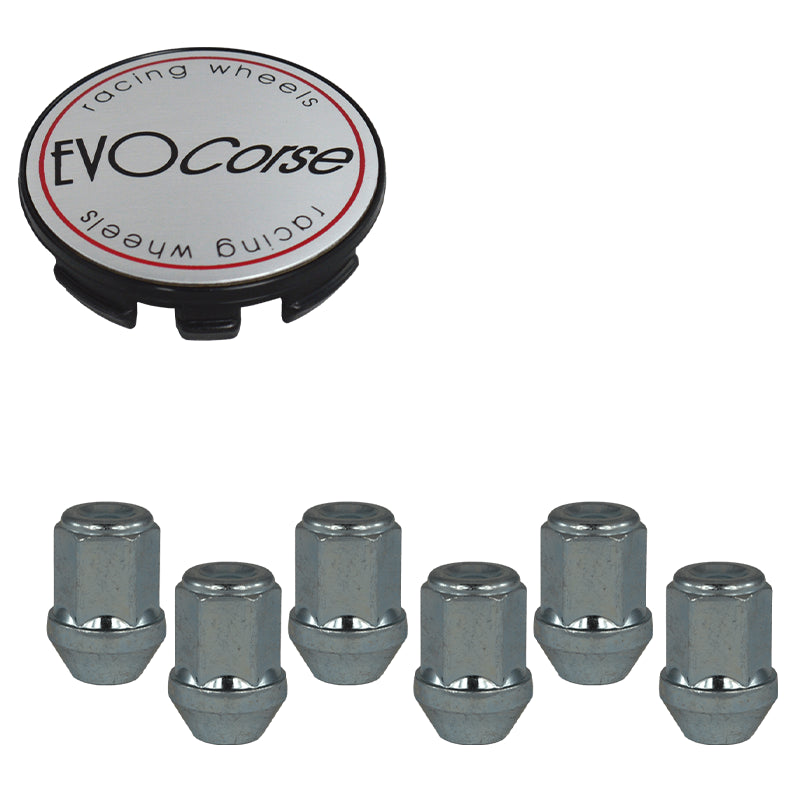Evocorse - Fixing kit: 1 off-road hubcap (C20), 1 Evocorse brushed badge (L31), 6 lug bolts M14x1.50 (White Zinc.)