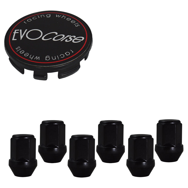 Evocorse - Fixing kit: 1 off-road hubcap (C20), 1 Evocorse matt black badge (L32), 6 lug bolts M14x1.50 (Black Zinc.)