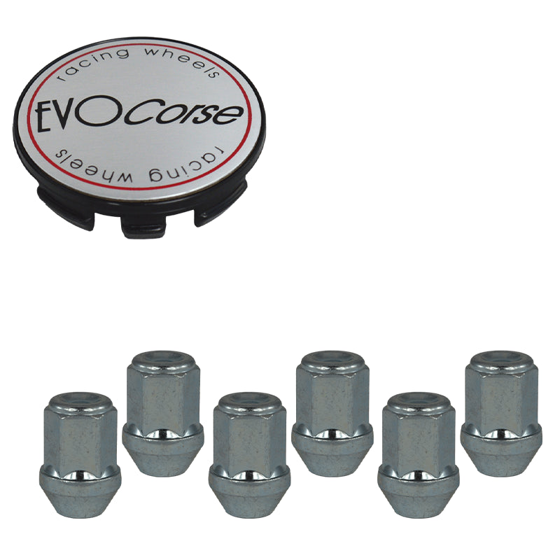 Evocorse - Fixing kit: 1 hubcap (C20), 1 Evocorse brushed badge (L31), 6 closed end lug nuts M14x1.5 (zinc. white)(D5)