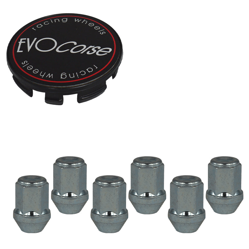 Evocorse - Fixing kit: 1 hubcap (C20), 1 Evocorse matt black badge (L32), 6 closed end lug nuts M14x1.5 (zinc. white)(D5)