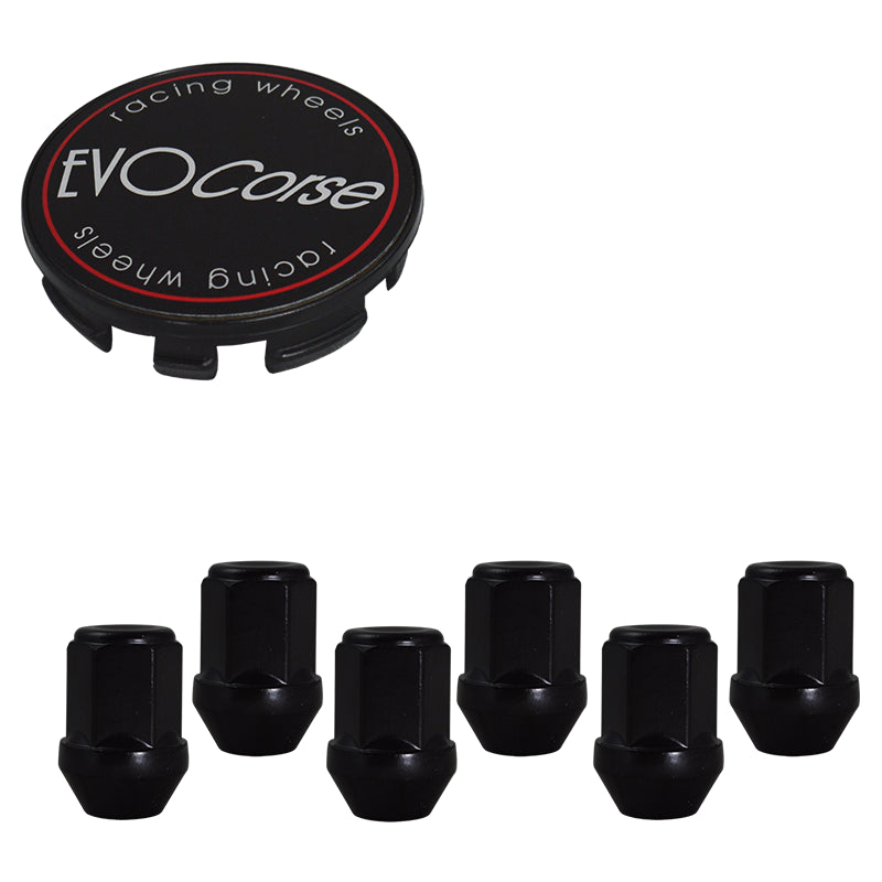 Evocorse - Fixing kit: 1 hubcap (C20), 1 Evocorse matt black badge (L32), 6 closed end lug nuts M14x1.5 (zinc. black)(D5-ZN)