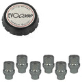 Evocorse - Fixing kit: 1 high hubcap in black plastic (C100), 1 Evocorse brushed badge (L31), 6 closed lug nuts with shank M14x1.5 (D42 - white zinc.)