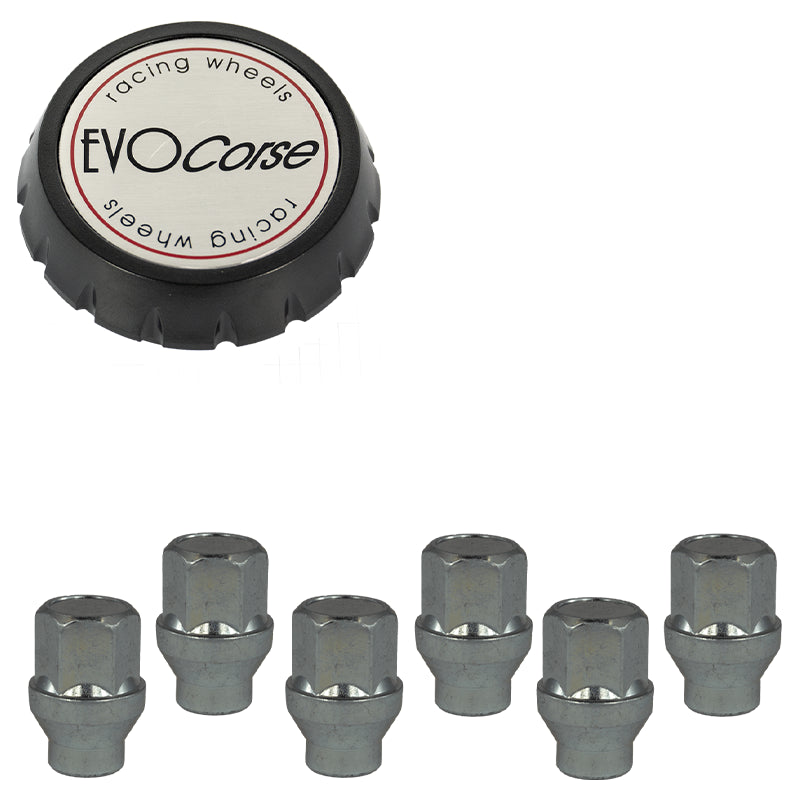Evocorse - Fixing kit: 1 high hubcap in black plastic (C100), 1 Evocorse brushed badge (L31), 6 closed lug nuts with shank M14x1.5 (D42 - white zinc.)