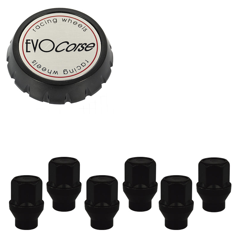 Evocorse - Fixing kit: 1 high hubcap in black plastic (C100), 1 Evocorse brushed badge (L31), 6 closed lug nuts with shank M14x1.5 (D42-ZN - black zinc.)