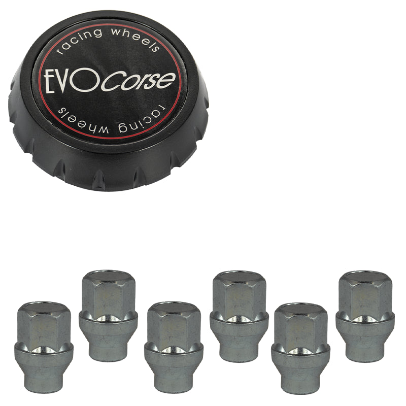 Evocorse - Fixing kit: 1 high hubcap in black plastic (C100), 1 Evocorse matt black badge (L32), 6 closed lug nuts with shank M14x1.5 (D42 - white zinc.)