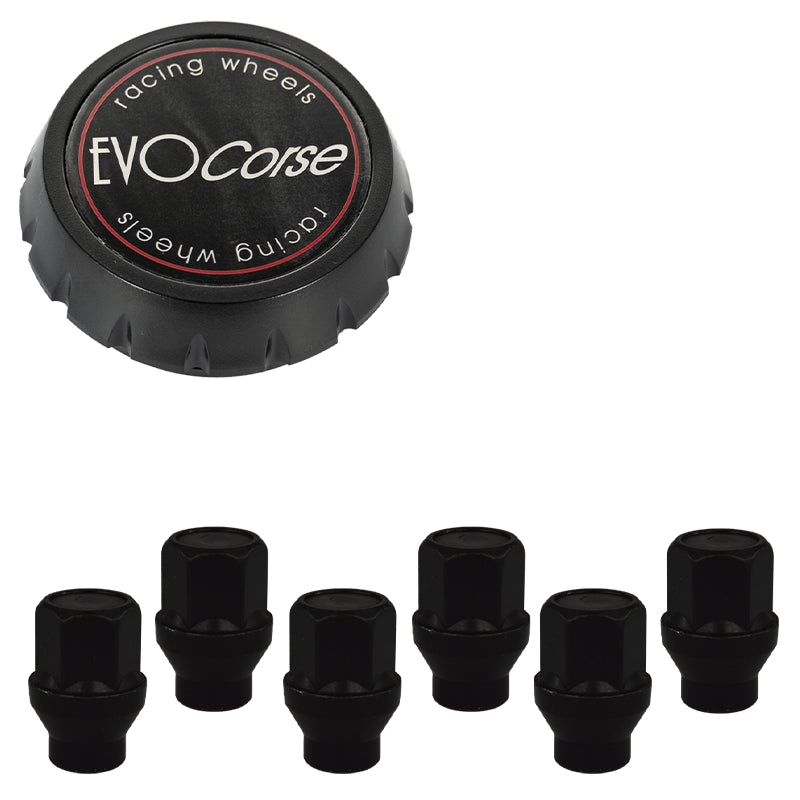 Evocorse - Fixing kit: 1 high hubcap in black plastic (C100), 1 Evocorse matt black badge (L32), 6 closed lug nuts with shank M14x1.5 (D42-ZN - black zinc.)