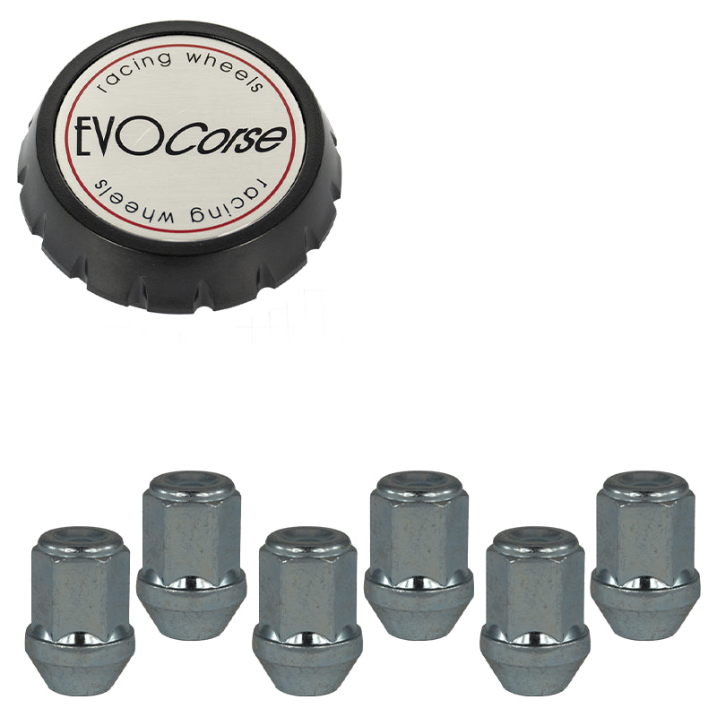 Evocorse - Fixing kit: 1 high hubcap in black plastic (C100), 1 Evocorse brushed badge (L31), 6 closed lug nuts M14x1,50 (D13 white zinc.)