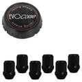 Evocorse - Fixing kit: 1 high hubcap in black plastic (C100), 1 Evocorse matt black badge (L32), 6 closed lug nuts M14x1,50 (D13-ZN - black zinc.)