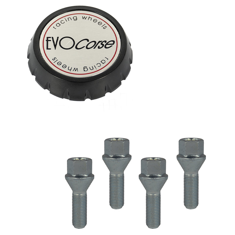 Evocorse - Fixing kit: 1 high hubcap in black plastic (C100), 1 Evocorse brushed badge (L31), 6 lug bolts M14x1,50 (C17D38 - white zinc.)