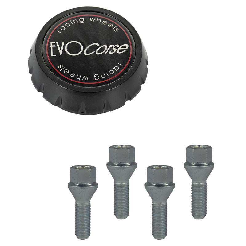 Evocorse - Fixing kit: 1 high hubcap in black plastic (C100), 1 Evocorse matt black badge (L32), 6 lug bolts M14x1,50 (C17D38 - white zinc.)