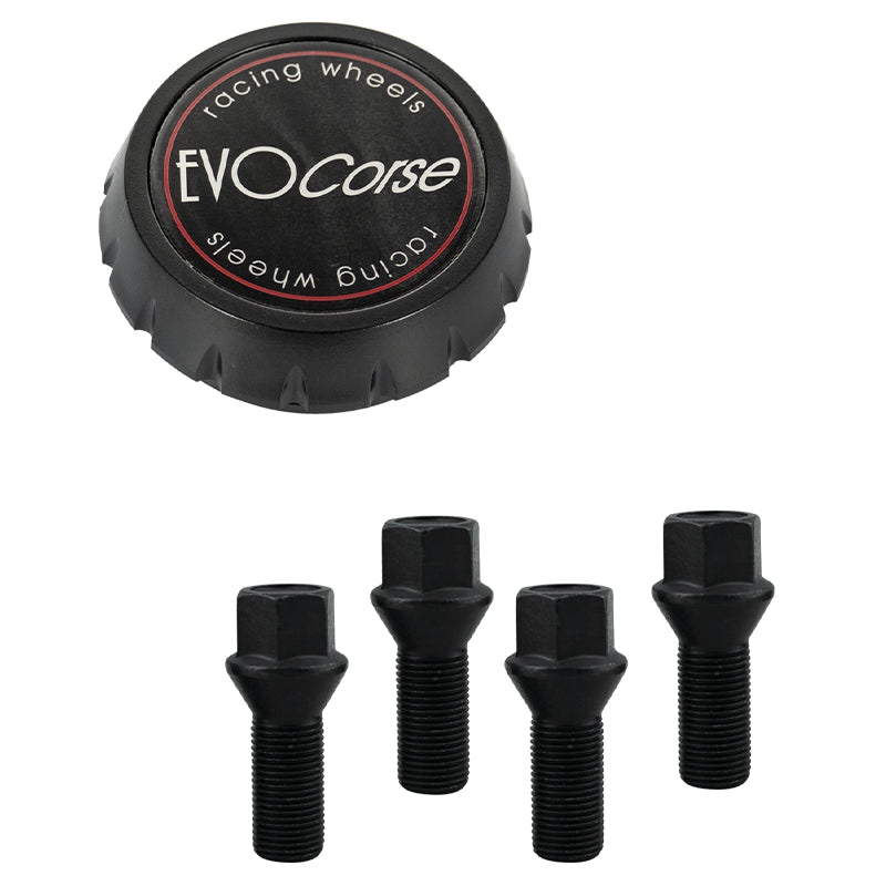 Evocorse - Fixing kit: 1 high hubcap in black plastic (C100), 1 Evocorse matt black badge (L32), 6 lug bolts M14x1,50 (C17D38-ZN - black zinc.)