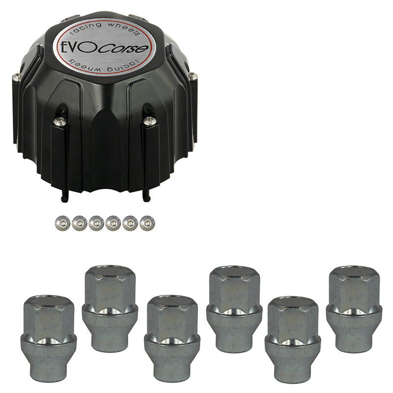 Evocorse - Fixing kit: 1 high hubcap in black plastic (C110), 1 Evocorse brushed badge (L31), 6 closed lug nuts with shank M12x1,25 (D41 white zinc.)