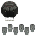 Evocorse - Fixing kit: 1 high hubcap in black plastic (C110), 1 Evocorse matt black badge (L32), 6 closed lug nuts with shank M12x1,25 (D41 - white zinc.)