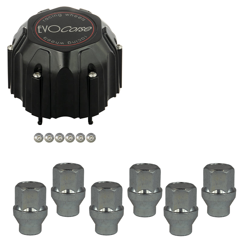 Evocorse - Fixing kit: 1 high hubcap in black plastic (C110), 1 Evocorse matt black badge (L32), 6 closed lug nuts with shank M12x1,25 (D41 - white zinc.)