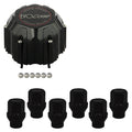 Evocorse - Fixing kit: 1 high hubcap in black plastic (C110), 1 Evocorse matt black badge (L32), 6 closed lug nuts with shank M12x1,25 (D41-ZN - black zinc.)