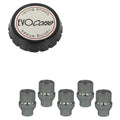 Evocorse - Fixing kit: 1 high hubcap in black plastic (C100), 1 Evocorse brushed badge (L31), 5 lug nuts M14x1,50 (D5 white zinc.)